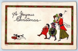 Christmas Postcard Mother And Children With Gifts Candy Cane Wreath Dog Embossed