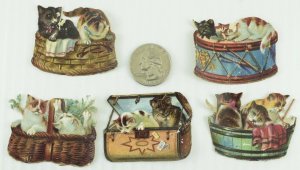 1880's Lovely Die Cut Cats Kittens in Baskets Drum Box Cards Lot of 5 PD103