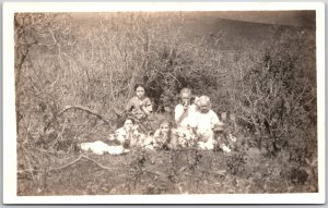 Children Kids Picnic Forest Scene Photograph RPPC Postcard