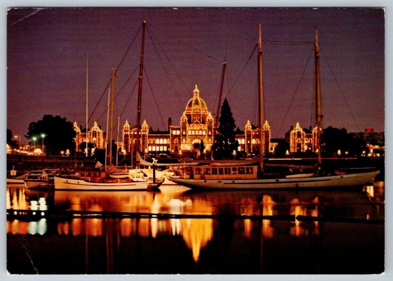 Parliament Buildings Illuminated, Victoria BC, 1987 Postcard, Klussendorf Cancel