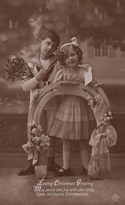 Schoolboy Schoolgirl Uniform + Letter Giant Horseshoe RPC Antique Photo Postcard
