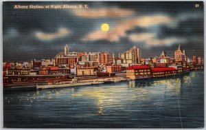 Albany New York NY, Albany Skyline at Night, Full Moon, Shore, Vintage Postcard