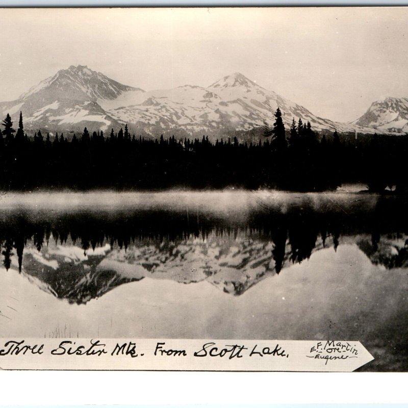 c1930s Scott Lake, OR RPPC Three Sister Mountains Real Photo Postcard Martin A97