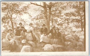 c1910s Happy Group People Nature RPPC Teeth Smile Real Photo Man Bowler Hat A214