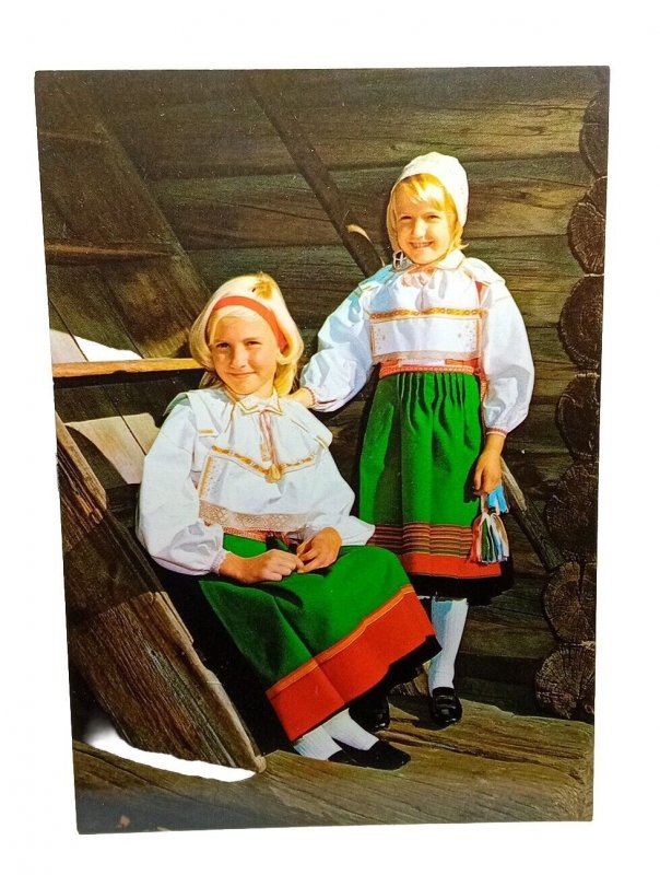 Pair Of Young Girls In Traditional Clothing Dalarna Sweden Vintage Postcard