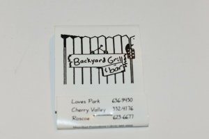 Backyard Grill & Bar Loves Park Cherry Valley Roscoe Illinois White Matchbook