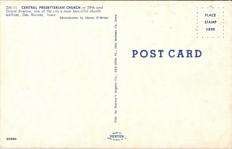 Central Presbyterian Church Des Moines Iowa IA Postcard Dexter VTG UNP ...