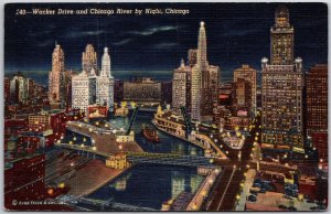 Chicago Illinois, Wacker Drive and River By Night, Buildings, Vintage Postcard