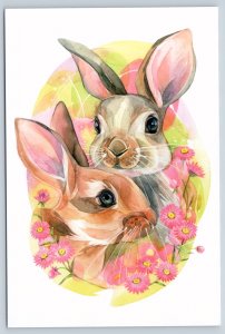 BUNNY RABBIT HARE in Flowers Forest Animal Unusual Graphic New Unposted Postcard