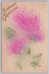 Birthday Greetings~Big Pink Spray Painted Roses~Green Leaves & Stems~Vintage PC