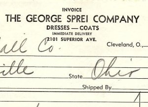 1938 THE GEORGE SPREI COMPANY CLEVELAND OH DRESSES COATS BILLHEAD INVOICE Z3519