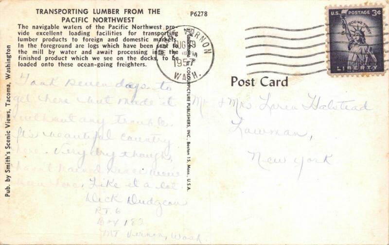 MOUNT VERNON WASHINGTON 1957 PSM~TRANSPORTING LUMBER PACIFIC NORTHWEST POSTCARD