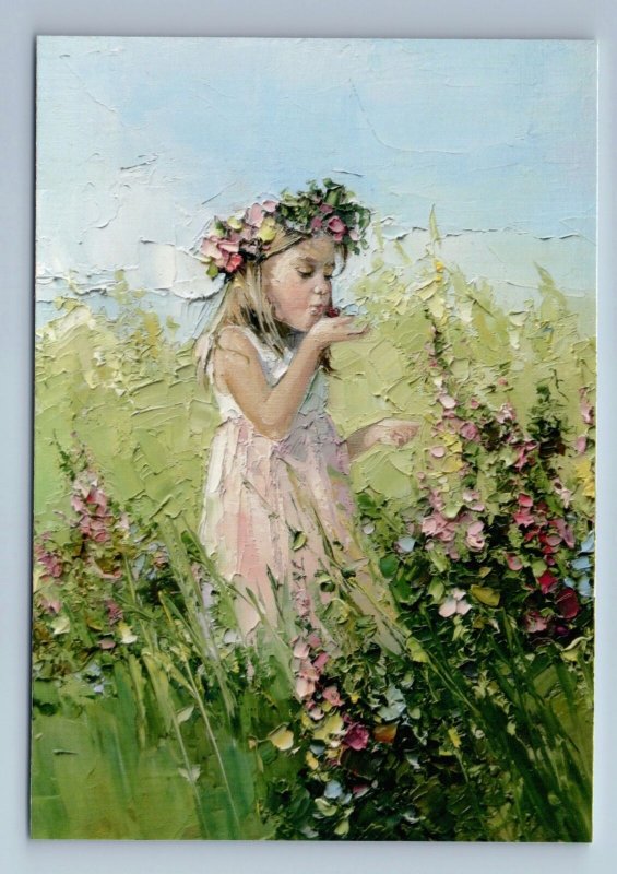 LITTLE GIRL kiss Butterfly Flower Field KID ART by Morozova New Russian Postcard