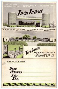 c1920 Twin Tower Restaurant Hotel Multiview Map Pocomoke City Maryland Postcard