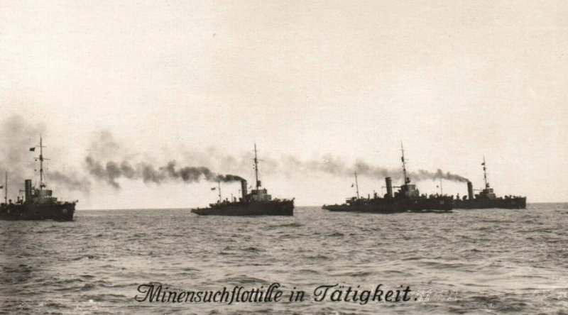German Navy Minesweeper Flotilla Ships in Action WWI RPPC Postcard