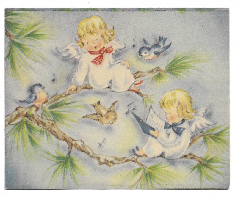 VINTAGE 1940s WWII ERA Christmas Greeting Card Little Angels Blue Birds Brundage