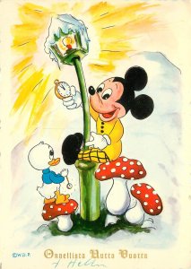 W.D.P. New Year Postcard Mickey Mouse & Donald Duck on Amanita Mushrooms Finland