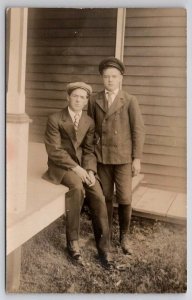 RPPC Two Handsome Young Men With Derby And Visor Caps Real Photo Postcard G31