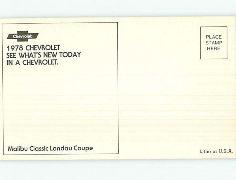 Unused 1978 car dealer postcard CHEVROLET MALIBU CLASSIC LANDAU COUPE o8172@