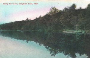 Vintage Postcard Along the Shore Forest Trees Boat Houghton Lake Michigan MI