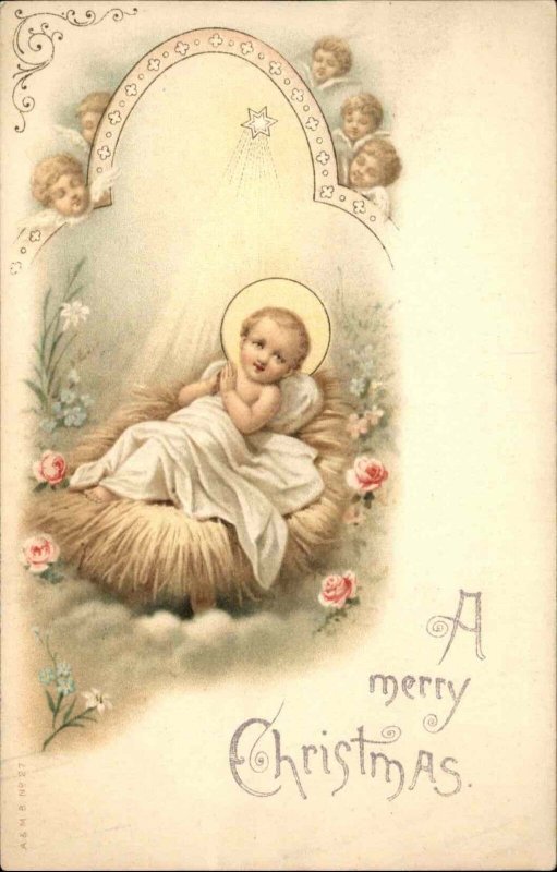 Christmas Baby Angels Watch Over Baby Jesus in Manger c1910 Vintage Postcard