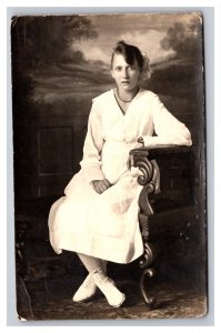 Vintage 1910's RPPC Postcard - Studio Portrait Cute Girl in White Dress