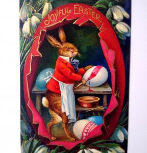 Easter Postcard Fantasy Dressed Bunny Rabbit Hand Paints Eggs Gel Germany 1520