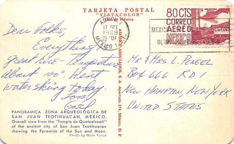 Zona Arqueologica de San Juan Teotihuacan Mexico Tarjeta Postal 1968 