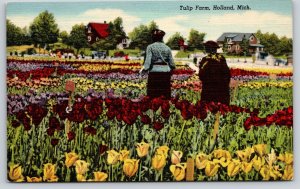 Holland Michigan~2 Women In Tulip Farm~Vintage Linen Postcard
