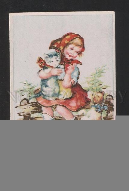 078133 Charming Girl w/ KITTEN & PUPPY vintage Colorful PC