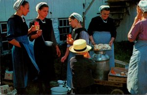 Pennsylvania Greetings From Dutch Country Amish Women Serving Refreshments Af...