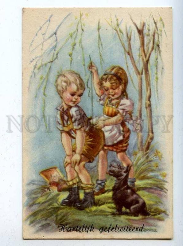 206682 Charming Kids & SCOTTISH TERRIER by CORINA Vintage PC