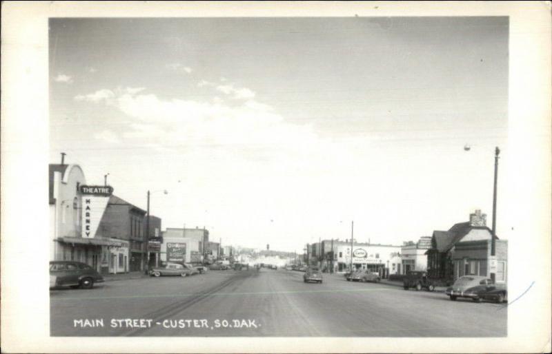 Custer SD Main St. c1950s Real Photo Postcard HARNEY THEATRE