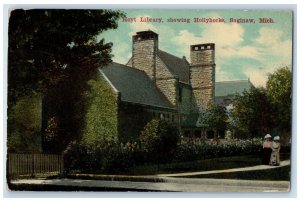 c1910 Hoyt Library Showing Hollyhocks Saginaw Michigan Vintage Antique Postcard