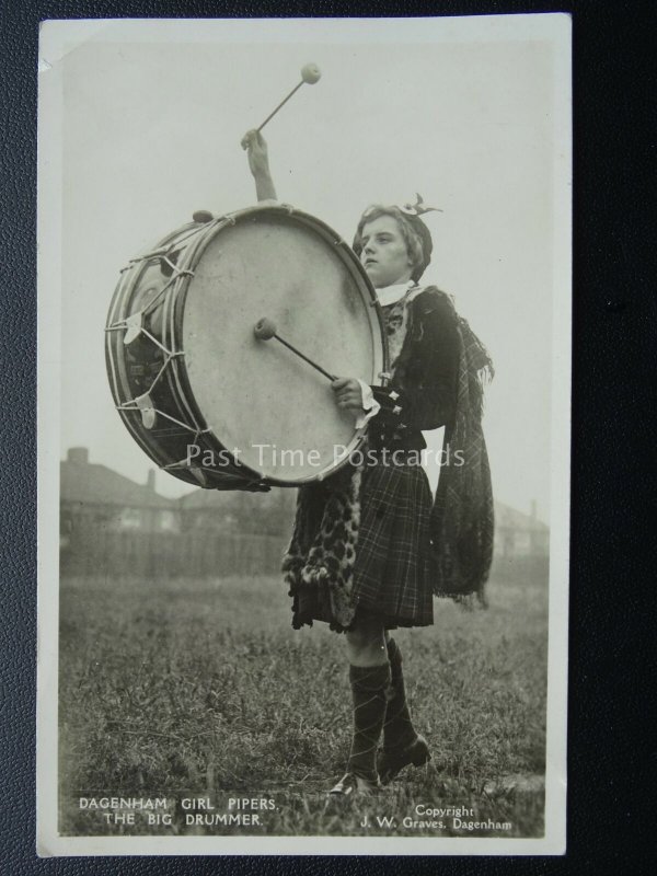 Scottish DAGENHAM GIRL PIPERS The Big Drummer in Kilt Sporran - Old RP Postcard