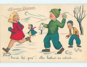 Pre-1907 foreign signed BAD BOYS THROW SNOWBALLS AT FRENCH GIRLS HL8098