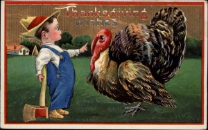 Thanksgiving Little Boy with Axe Talks to Turkey Gel c1910 Postcard