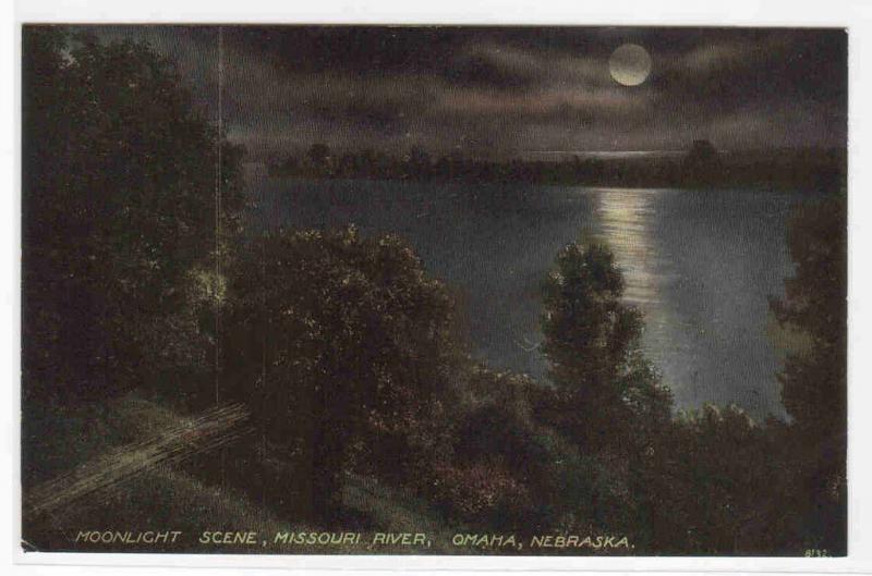 Moonlight on Missouri River Omaha Nebraska 1910c postcard