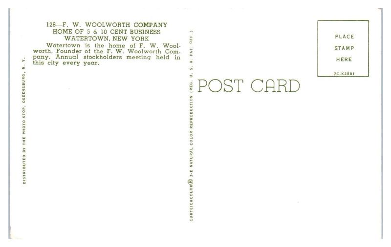 1950s F.W. Woolworth Company Home, Watertown, NY Postcard