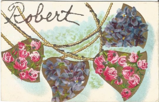 Gold Bell Garland with Pink Roses and Purple Violets Vintage Postcard Robert