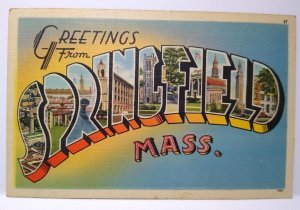 Greetings From Springfield Massachusetts Large Big Letter Linen Postcard Unused