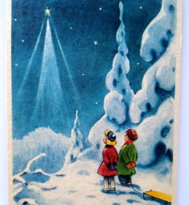 Christmas Postcard Children Sled Northern Lights Stars Oscar Wikilundi God Jul