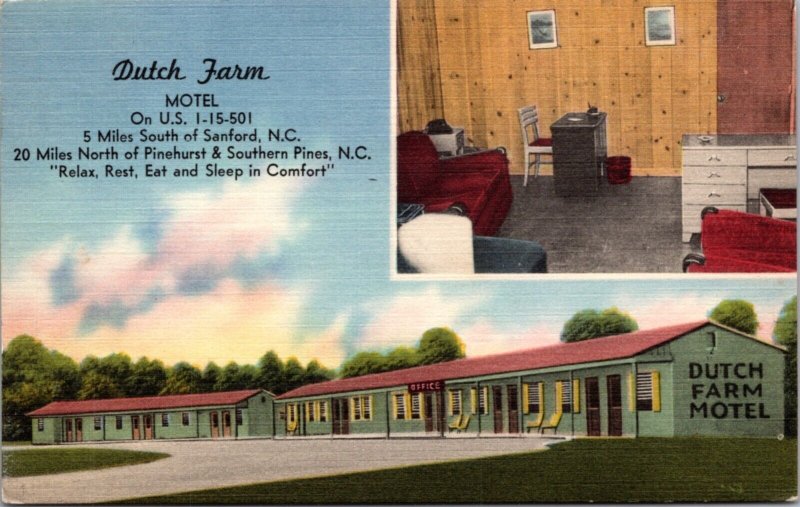 Linen Postcard Dutch Farm Motel US 1-15-501 in Sanford, North Carolina