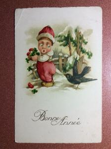Old New Year unused postcard 1900s Boy Santa clover mushroom harmful bird snow
