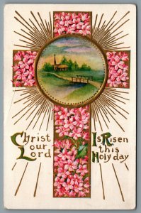 Postcard Easter c1930 Christ Our Lord Is Risen This Holy Day Embossed Flowers