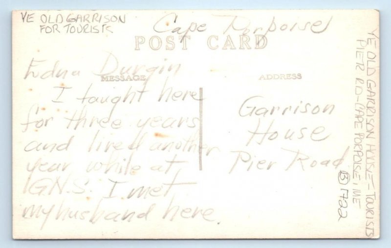 RPPC CAPE PORPOISE, Kennebunkport ME ~ Tourist YE OLD GARRISON HOUSE Postcard