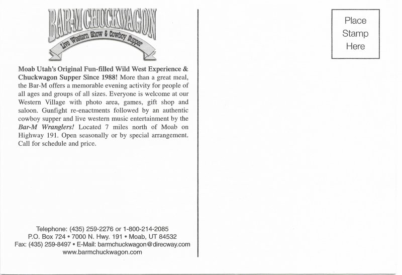 US Moab, Utah. unused. Bar-M Chuckwagon. Yum.