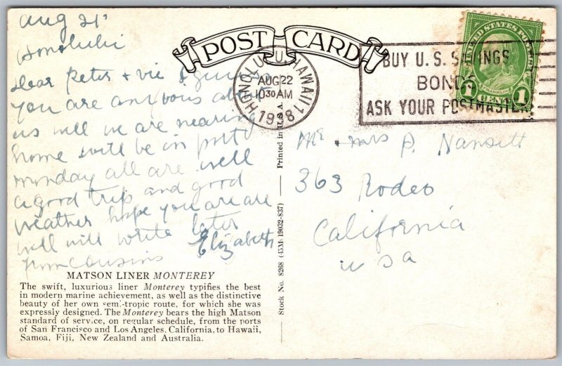 Vtg Matson Line Monterey Luxury Liner San Francisco Hawaii Samoa Fiji Postcard