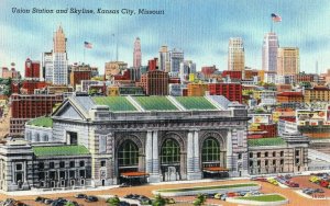 Vintage 1930s Union Station and Skyline Kansas City Missouri MO Linen Postcard