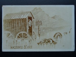 East Sussex HASTINGS B.C. Ladies Bathing Hut & SEA SERPENT c1907 RP Postcard